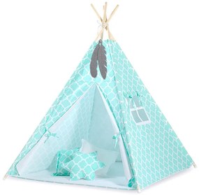 Bobono Detský stan Teepee + hracia podložka + vankúše + dekoratívne perie - Marocco mint