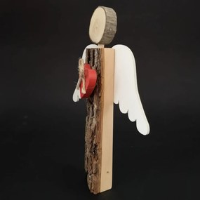 AMADEA Drevený anjel s kôrou s bielymi krídlami a čeveným srdcom, masívne drevo, 19x14,5x3 cm