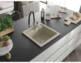 Mexen Vito, 1-komorový granitový drez 520x490x210 mm, drezová batéria Duo, béžová, 6503-69-671701-07