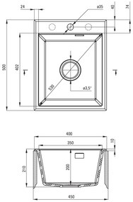 Deante Eridan, granitový drez na dosku 400x500x212 mm, 3,5" + priestorovo úsporný sifón, 1-komorový, grafitová metalíza, ZQE_G104