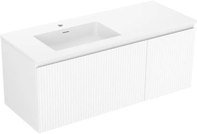 Mexen Rivel, kúpeľňová skrinka 120 cm s ľavým umývadlom Otis, 1S, 1D, drážkovaná, biela matná, 91A23-12047-3-BBFF01-W18L01