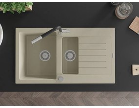 Mexen Matias, 1,5-komorový granitový drez 900x505x200 mm a drezová batéria Flora, béžová, 6502-69-670401-07