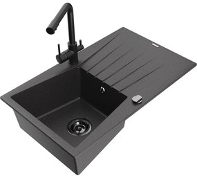 Mexen Cesar, granitový drez 775x470x190 mm, 1-komorový a čierna matná batéria Duero, čierna škvrnitá, 6514-76-671600-70-B
