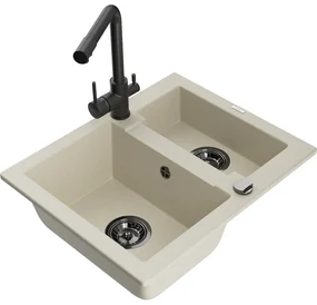 Mexen Carlos, 1,5-komorový granitový drez 582x475x177 mm a drezová batéria Duero, béžová, 6518-69-671600-70
