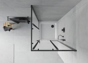 Mexen Rio, štvorcový sprchovací kút s posuvnými dverami 80(dvere) x 80(dvere) x 190 cm, 6mm sklo námraza, čierny profil + biela sprchová vanička SLIM, 860-080-080-70-30-4010B