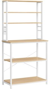 Regál do kuchyne, Stojan na mikrovlnku, 6 políc a 6 hákov, farba dub a biela