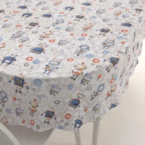 Biante Detský bavlnený oválny obrus Sandra SA-584 Svet robotov na sivo-bielom 140x220 cm