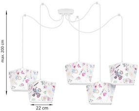 Detské závesné svietidlo Diamond Spider, 5x biele textilné tienidlo so vzorom