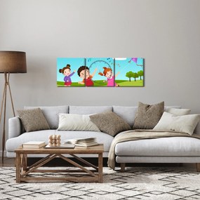 Obraz - Deti púšťajú draka (s hodinami) (90x30 cm)