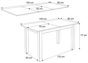ROZKLÁDACÍ JEDÁLENSKÝ STÔL DANILO BIELY + DUB CRAFT ZLATÝ 140 / 195 cm + 4 STOLIČKY