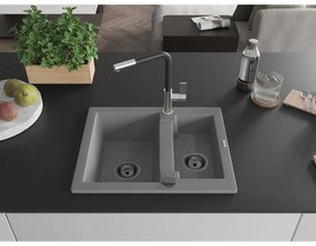 Mexen Carlos, 1,5-komorový granitový drez 582x475x177 mm a drezová batéria Flora, šedá, 6518-71-670401-07-B