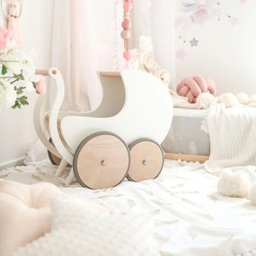 Drevený kočík pre bábiky a nácvik chôdze biela