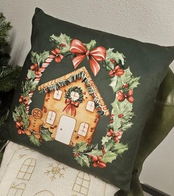 Zelená obliečka na vankúš s perníkovou chalúpkou - 45*45 cm