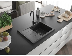 Mexen Ben, 1-komorový granitový drez 600x500x190 mm, pravý + čierny sifón, čierna škvrnitá, 6523605000-76-B