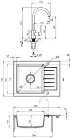 Deante Zorba, granitový drez 580x440x164 mm Z/KO, 3,5" + priestorovo úsporný sifón, 1-komorový + Nemezja batéria, piesková, ZQZA711A