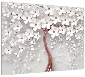 Obraz - Obraz bieleho stromu s kvetinami, rosegold (70x50 cm)