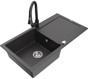 Mexen Leo, 1-komorový granitový drez 900x500x190 mm a drezová batéria Elia, čierna škvrnitá, 6501-76-670101-70
