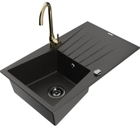 Mexen Cesar, granitový drez 775x470x190 mm, 1-komorový, čierna-zlatá metalíza s čiernym sifónom a zlatá drezová batéria Telma, 6514-75-670200-50-B