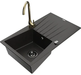 Mexen Cesar, granitový drez 775x470x190 mm, 1-komorový, čierna-zlatá metalíza s čiernym sifónom a zlatá drezová batéria Telma, 6514-75-670200-50-B