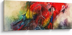 Obraz červených papagájov ara (s hodinami) (90x30 cm)