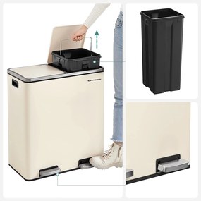 Kovový pedálový odpadkový kôš 2 x 30 L, vzduchotesný, krémovo biely