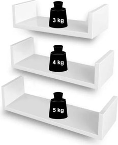 Nástenné poličky, poličky v tvare U, sada 3 ks, biele