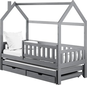 Detská domčeková posteľ s prístelkou a šuplíky MATYLDA - 200x90 cm - šedá