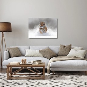 Sklenený obraz bežiaceho tigra v snehu (70x50 cm)