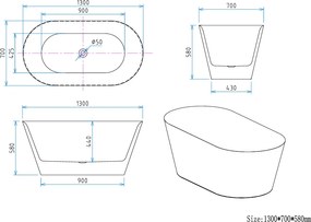 Erga Rhea, voľne stojaca vaňa 130x70 cm + odtoková zátka, biela lesklá, ERG-RHEA-130070-WH-WH