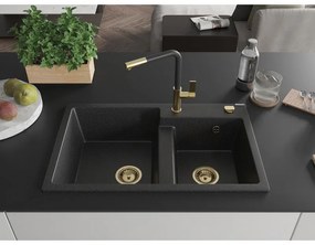 Mexen Tomas, 2-komorový granitový drez 800x500x190 mm a drezová batéria Flora, čierna-strieborná metalíza, 6516-73-670401-57-G