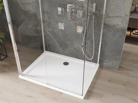Mexen Omega, 3-stenový sprchovací kút s posuvnými dverami 120 (dvere) x 100 (stena) x 190 cm, 8mm číre sklo, chrómový profil + biela sprchová vanička SLIM, 825-120-100-01-00-3S-4010