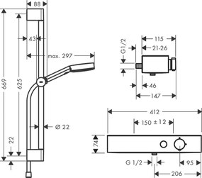 Hansgrohe Pulsify Select S, sprchová súprava 105 3jet Relaxation s termostatom, sprchovou tyčou 65 cm, chrómová, HAN-24260000
