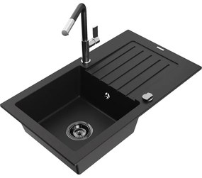Mexen Pablo, 1-komorový granitový drez 752x436x161 mm a drezová batéria Flora, čierna, 6510-77-670401-07-B