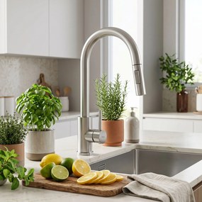 Rea Fresh Touch, vysoká kuchynská batéria s výsuvnou 2-funkčnou spŕškou, brúsená oceľ, REA-B6735