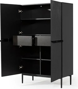 Vysoká komoda Nicole 100 cm s dvoma dverami a ryhovaným čelom - matná čierna / čierne nohy