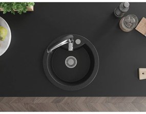 Mexen Diego, 1-komorový granitový drez 488x488x167 mm a drezová batéria Aster, čierna-strieborná metalíza, 6512-73-73450-07