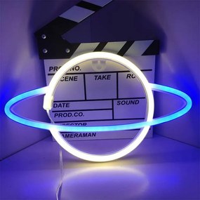 ACA Lighting Neónová lampička - Saturn, 3x AA batérie/USB kábel, IP20, modrá + žltá farba