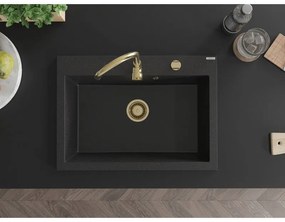Mexen Elix, 1-korový granitový drez 700 x 500 mm, čierna/strieborná metalíza, zlatý sifón, 6526701005-73-G