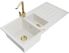 Mexen Andres, granitový drez 1000x500x200 mm, 1,5-komorový, biela so zlatým sifónom a zlatá drezová batéria Rita, 6515-20-670300-50