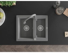 Mexen Carlos, 1,5-komorový granitový drez 582x475x177 mm a drezová batéria Elia, šedá, 6518-71-670101-71