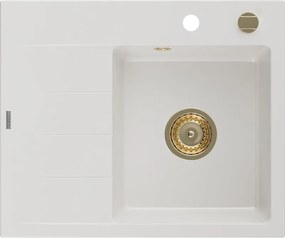 Mexen Ben, 1-komorový granitový drez 600x500x190 mm, pravý + zlatý sifón, biela, 6523605000-20-G