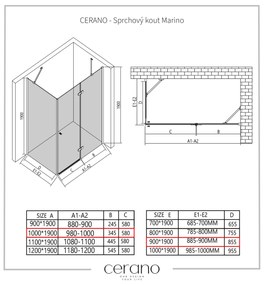 Cerano Marino, sprchovací kút 100(dvere) x 90(stena) x 190 cm, 6mm číre sklo, chrómový profil, CER-CER-422778