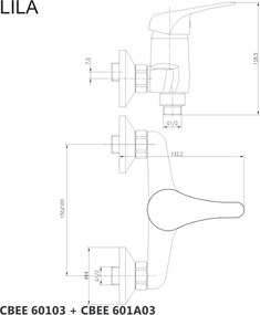 Mereo Lila, sprchová súprava, plast. hlavová sprcha a tropolohová ručná sprcha vr. sprchovej batérie 150 mm, MER-CBEE609
