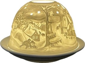 Biely porcelánový svietnik na čajovú sviečku s vianočnou dedinkou Paollo - Ø 12 * 8 cm