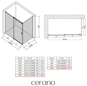 CERANO - Sprchovací kút Santoro Ľ/P - 8 mm - chróm, transparentné sklo - 160x100 cm - posuvný, CER-CER-8050BD7369