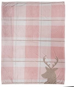 Polyesterová huňatá deka v ružovom farebnom prevedení s károvaným dekorom a hnedým jeleňom 130 x 170 cm Clayre & Eef 41994