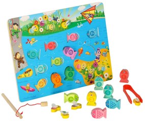 KIK Drevené Montessori puzzle 3v1 – magnetický rybolov, triedenie a počítanie