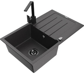 Mexen Bruno, drez granitový 795x495x200 mm, 1-komorový, čierna škvrnitá s čiernym sifónom a čierna drezová batéria Rita, 6513-76-670300-70-B