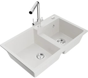 Mexen Tomas, granitový drez 800x500x190 mm, 2-komorový a chrómová batéria Duero, biela, 6516-20-671600-00