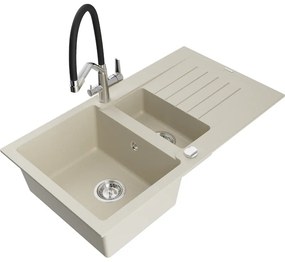 Mexen Matias, 1,5-komorový granitový drez 900x505x200 mm a drezová batéria Duo, béžová, 6502-69-671701-07
